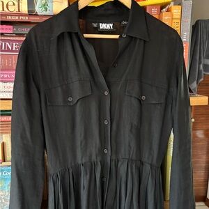 Vintage Donna Karen New York DKNY Black Pleated Long Sleeve Polo Linen Dress